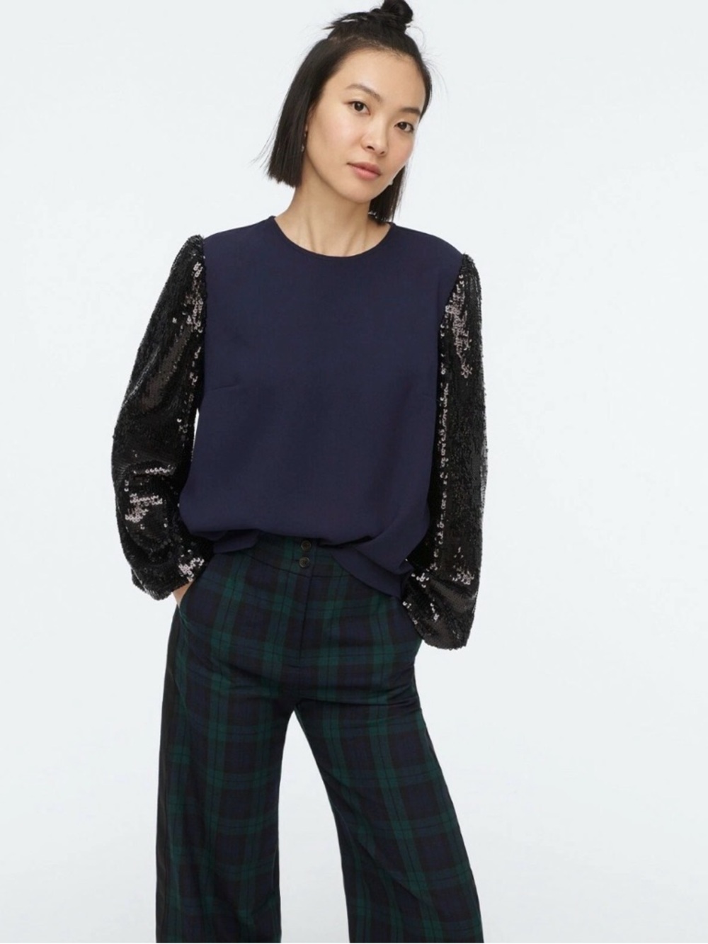 J. Crew Sequin Sleeve Crepe Blouse in Blue & Black Sz XL Sz X-Large BNWT
